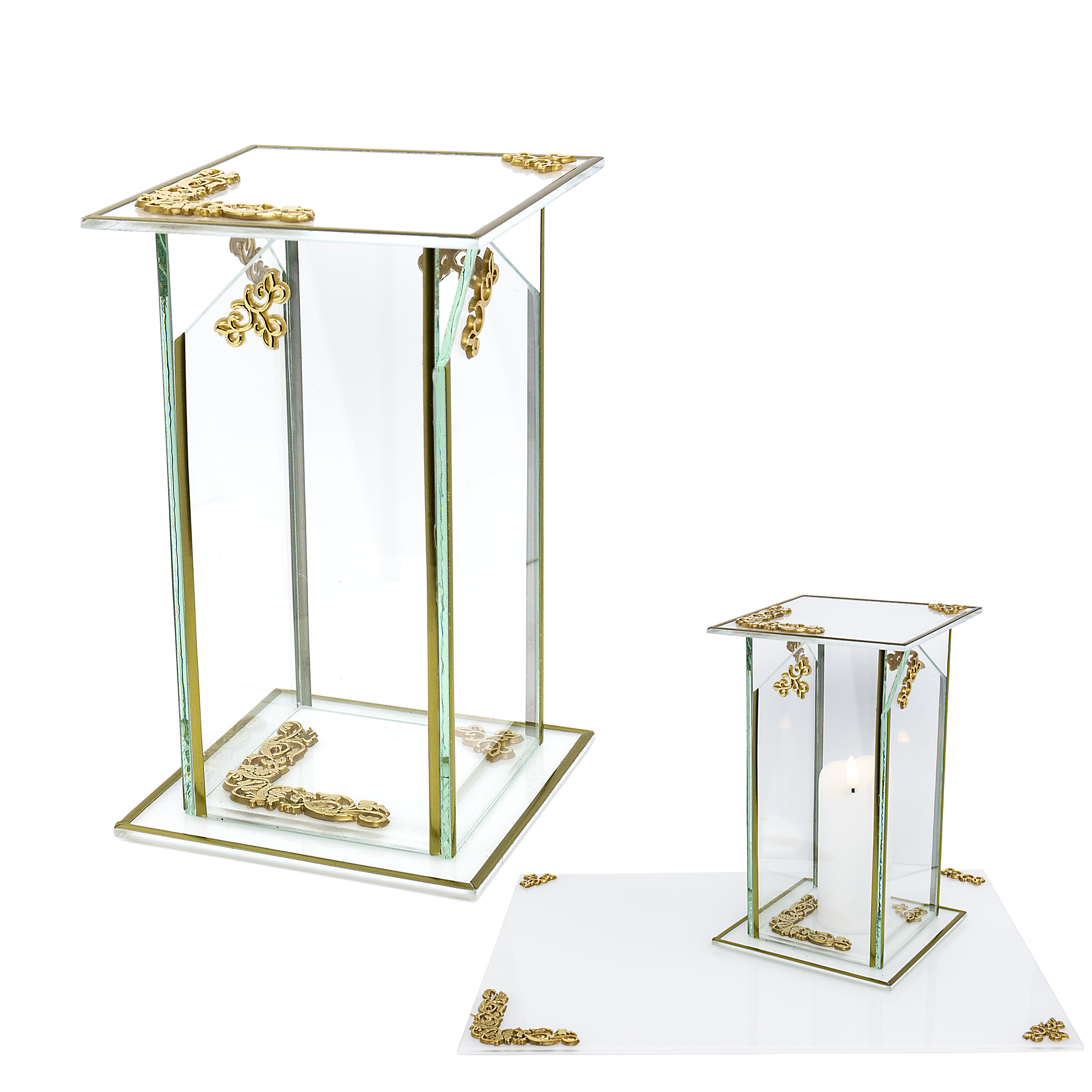 Znicz kapliczka GLASS KWADRAT DEKOR biało-złoty